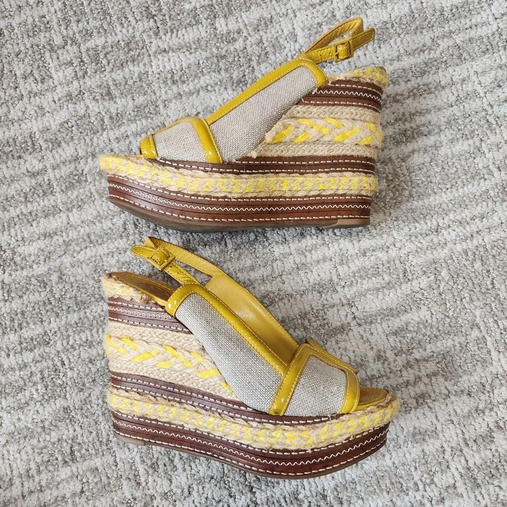 Tory Burch espadrille wedge platform slingback peep-toe sandals yellow size 7